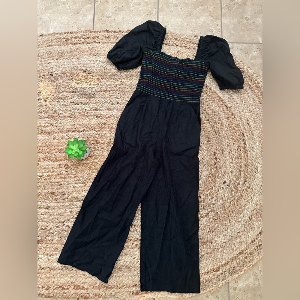 Black Puff-Sleeve Jumpsuit with Smocked Bodice